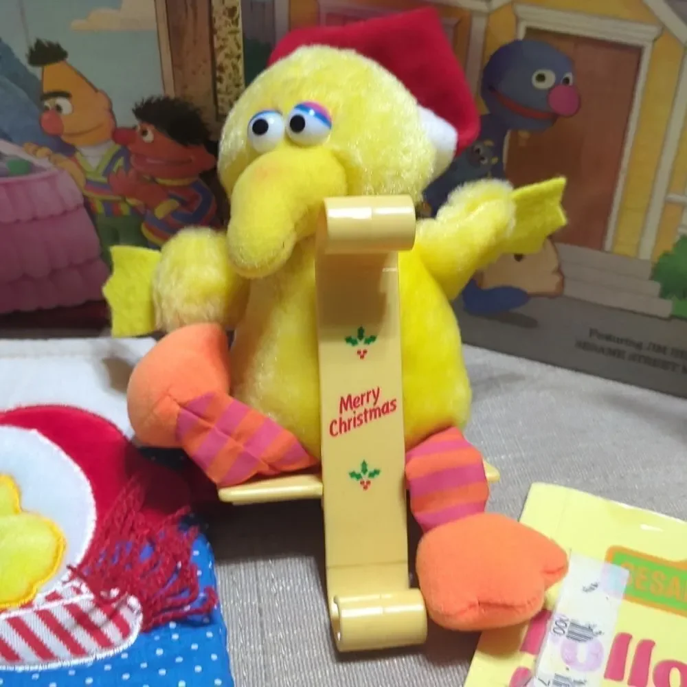 1988 Sesame Street Big Bird Plush Christmas Stocking Holder‎ & stocking, books